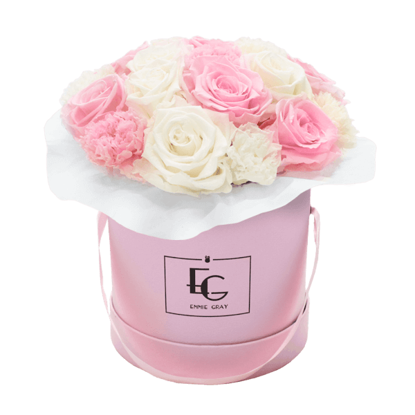 SPLENDID CARNATION MIX INFINITY ROSEBOX | BRIDAL PINK & PURE WHITE | S